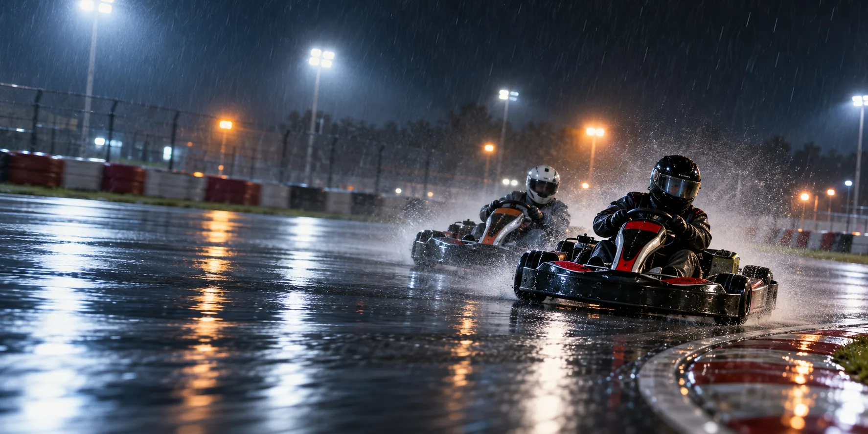 Dois karts disputam posição numa pista molhada à noite.
